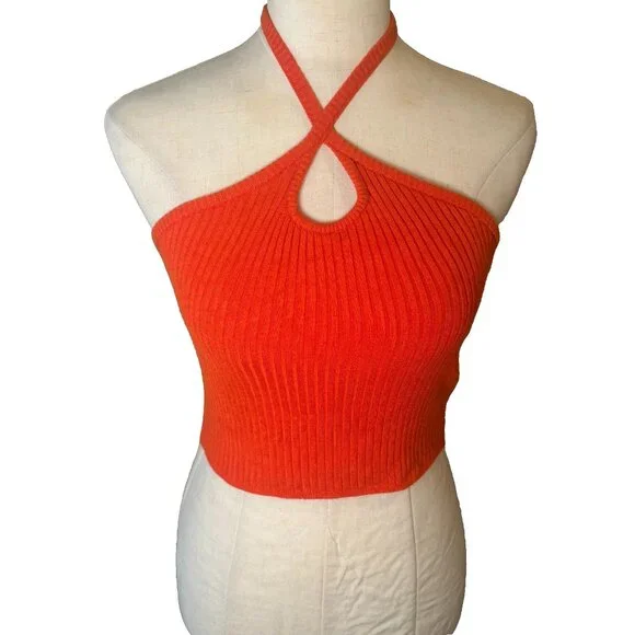 Urban Outfitters Orange Ribbed Sweater Keyhole Halter Crop Top Size Med #130 - Picture 1 of 5